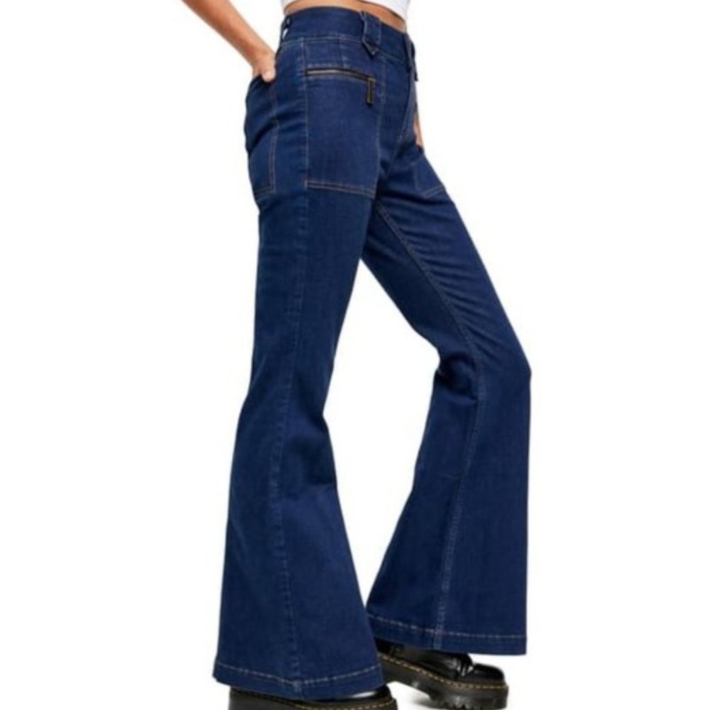 Free People Dark Blue High-Rise Flare Jeans